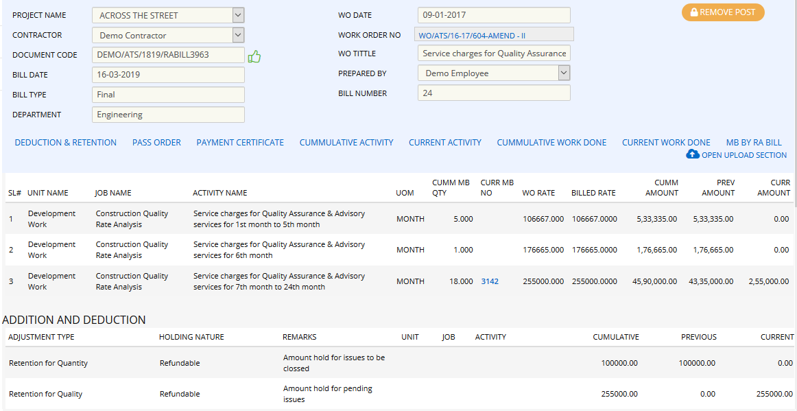 RealxERP Contract management application, Subcontracting, Contract